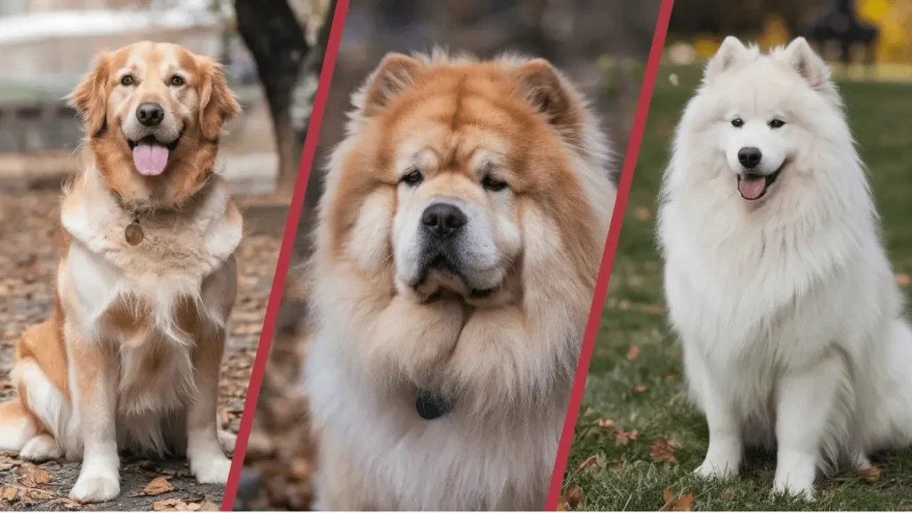 A collection of big fluffy dog breeds with thick fur, showcasing their charming and friendly appearance.