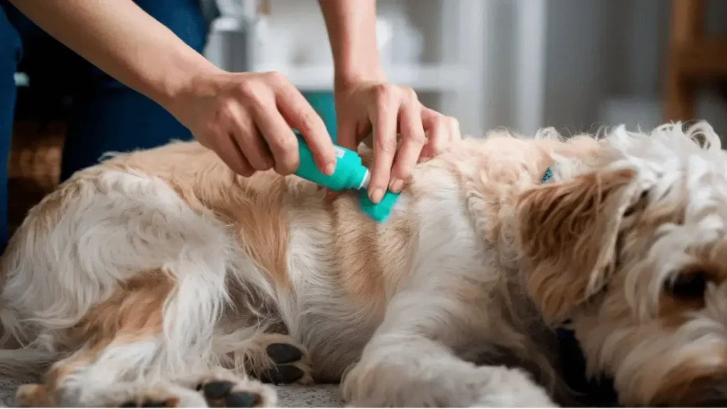 Dog scratching its coat, a common sign of a louse infestation in pets.