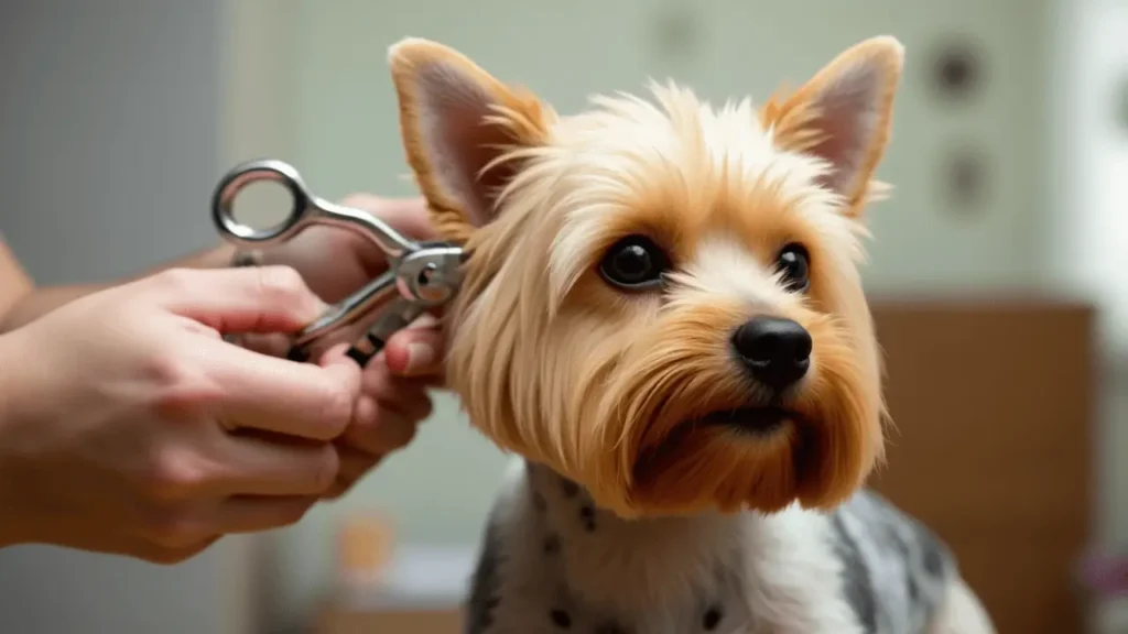 A professional set of dog grooming scissors on a wooden surface, ideal for pet grooming needs.