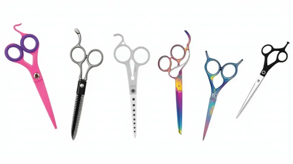 A variety of grooming scissors, including straight, curved, and thinning shears, displayed on a grooming table.