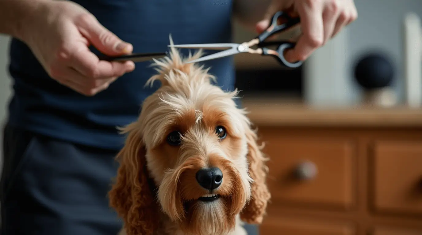 A set of dog grooming scissors, including blending and cutting tools, on a grooming table.