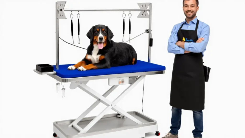 Various types of professional dog grooming tables, including electric, hydraulic, and portable models.