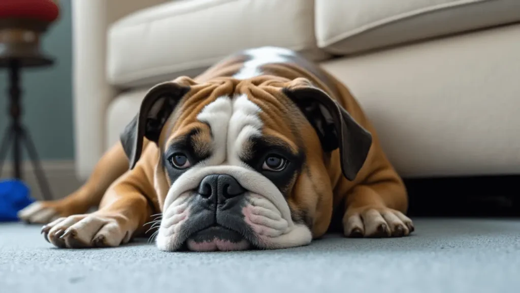 A Bulldog lounging on a cozy couch, showcasing its relaxed and laid-back nature.