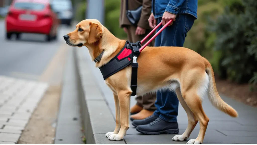 A service dog wearing a vest, assisting its handler in a public setting.