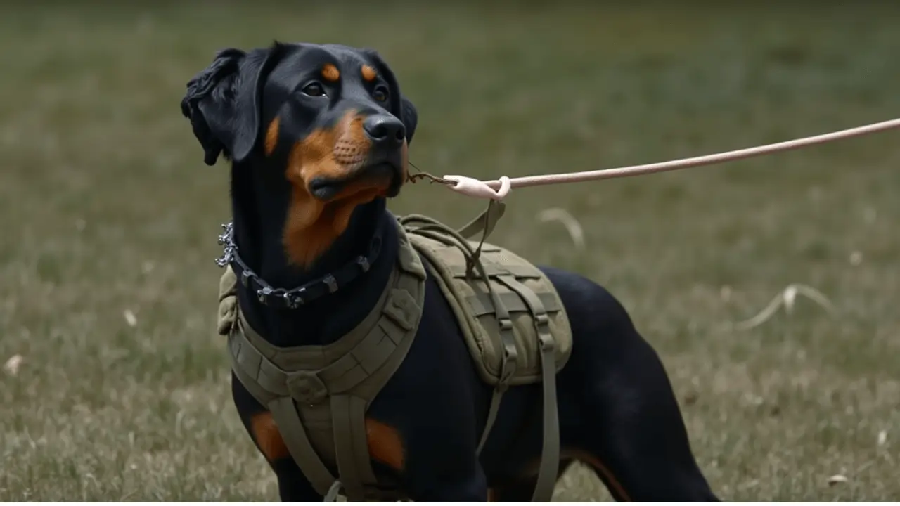 Service dog wearing a high-quality vest in a park.